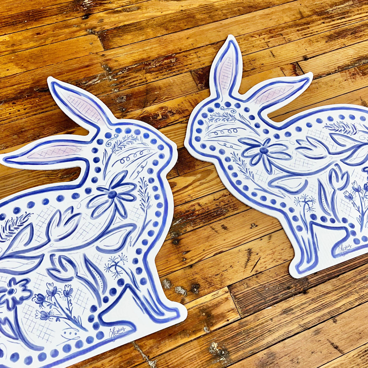 Large Blue Chinoiserie Bunnys Yard Stake