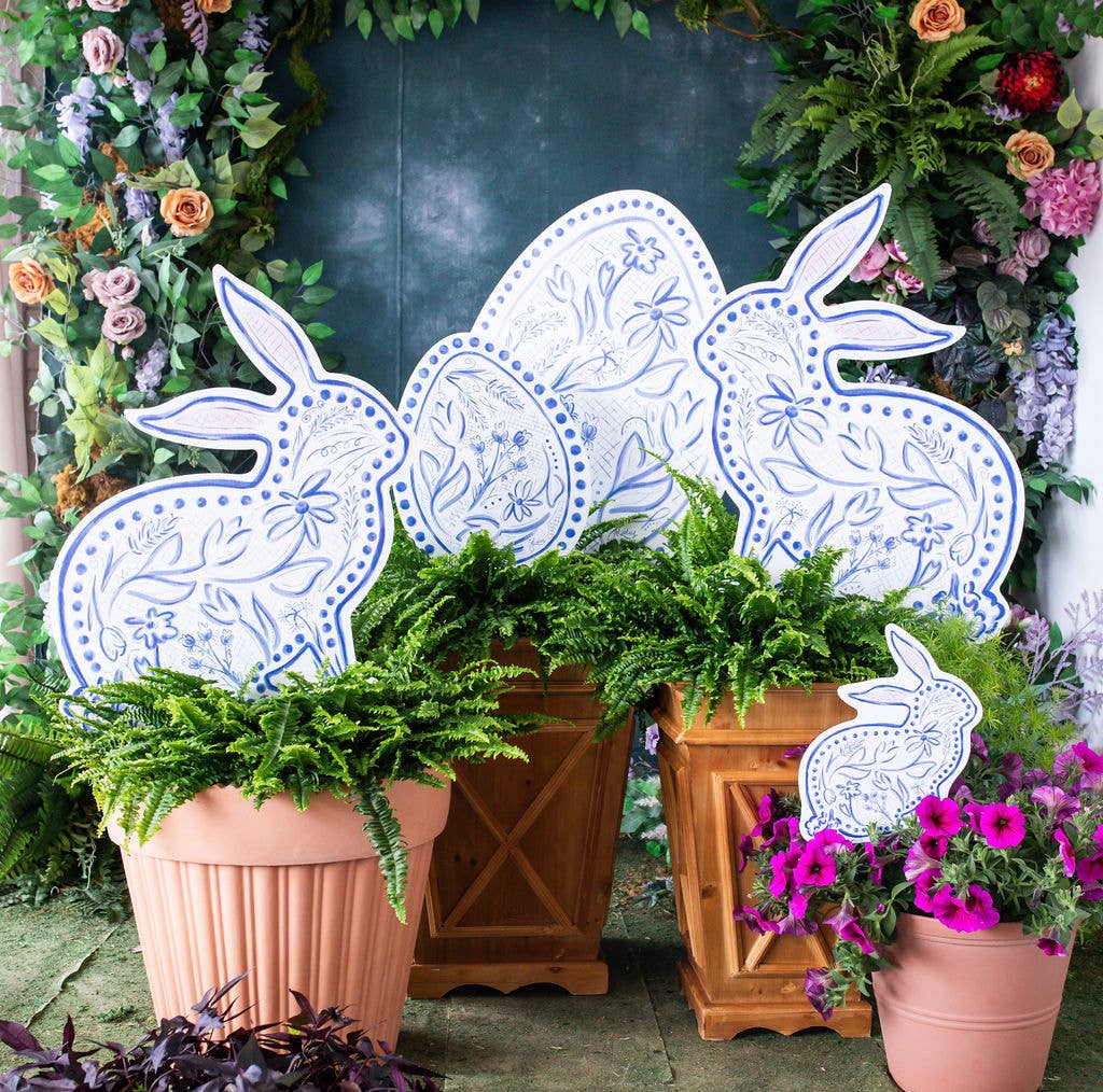 Large Blue Chinoiserie Bunnys Yard Stake