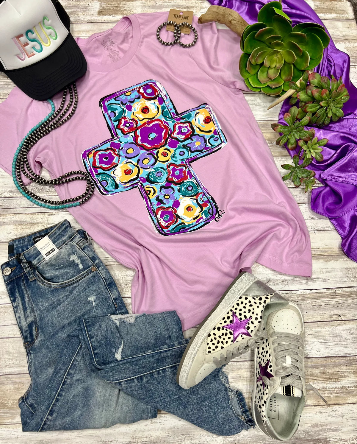 Purple Floral Cross Tee