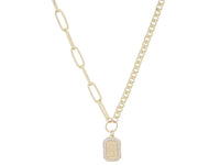 Shiny Gold Half Paperclip, Half Curb Chain with Crystal Edged Initial Emerald Plate Necklace