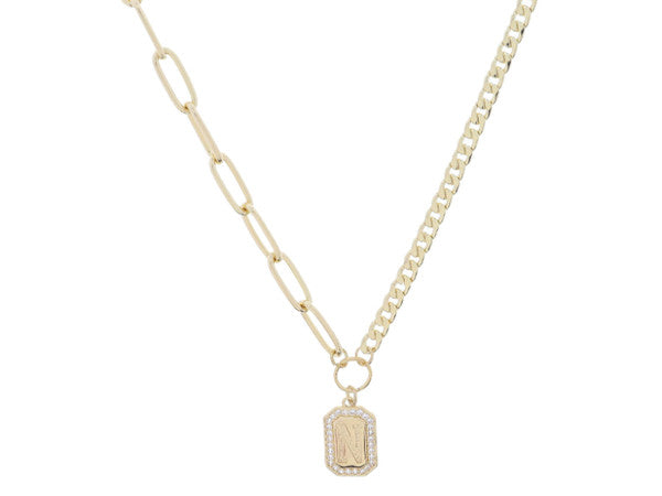 Shiny Gold Half Paperclip, Half Curb Chain with Crystal Edged Initial Emerald Plate Necklace