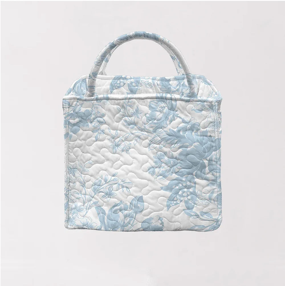 Rose Toile Light Blue Small Quilted Tote  Bag