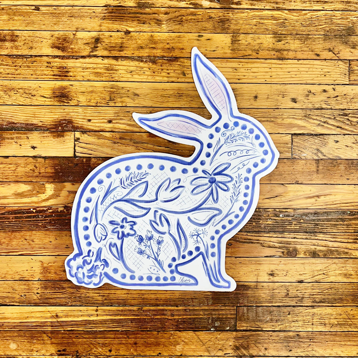 Large Blue Chinoiserie Bunnys Yard Stake