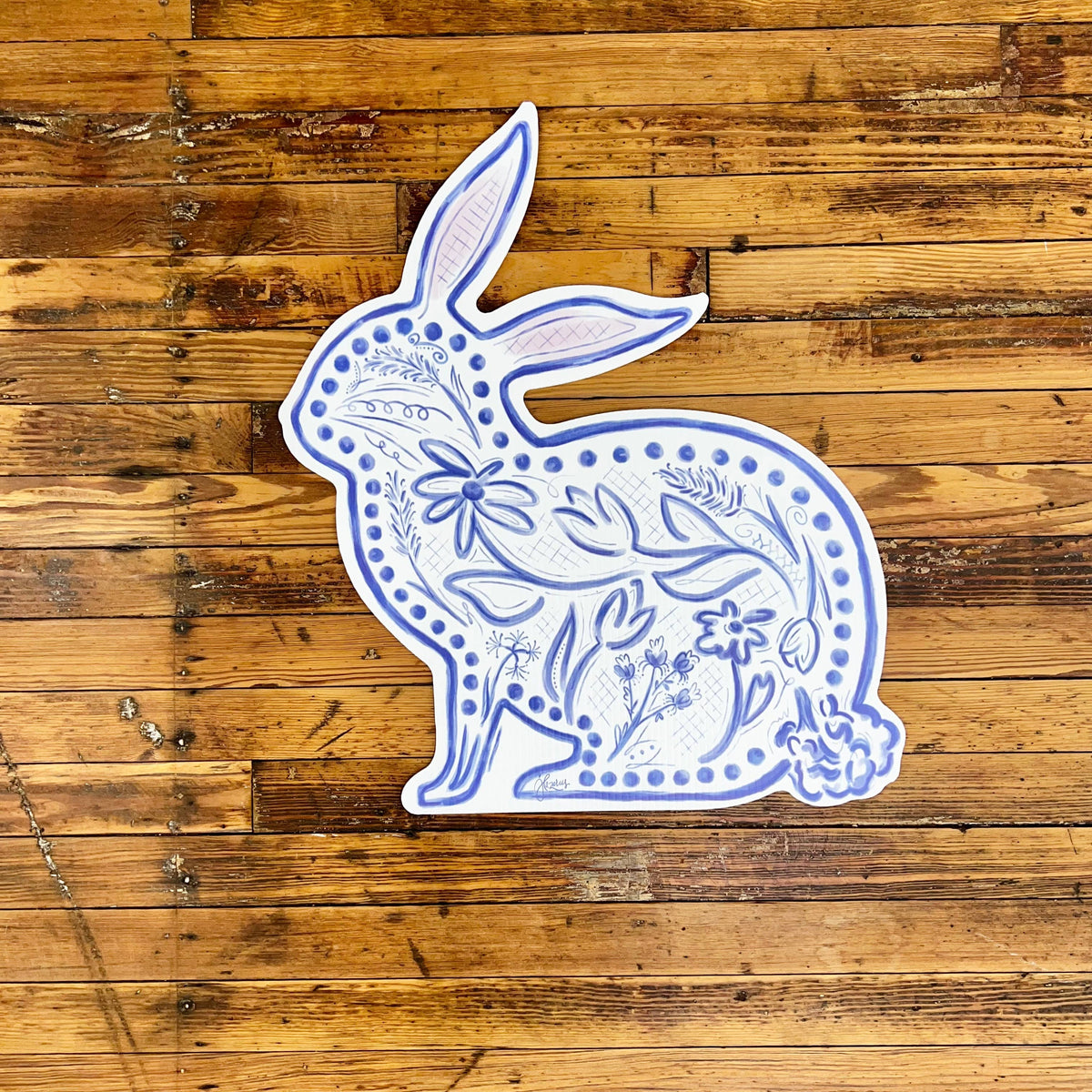 Large Blue Chinoiserie Bunnys Yard Stake