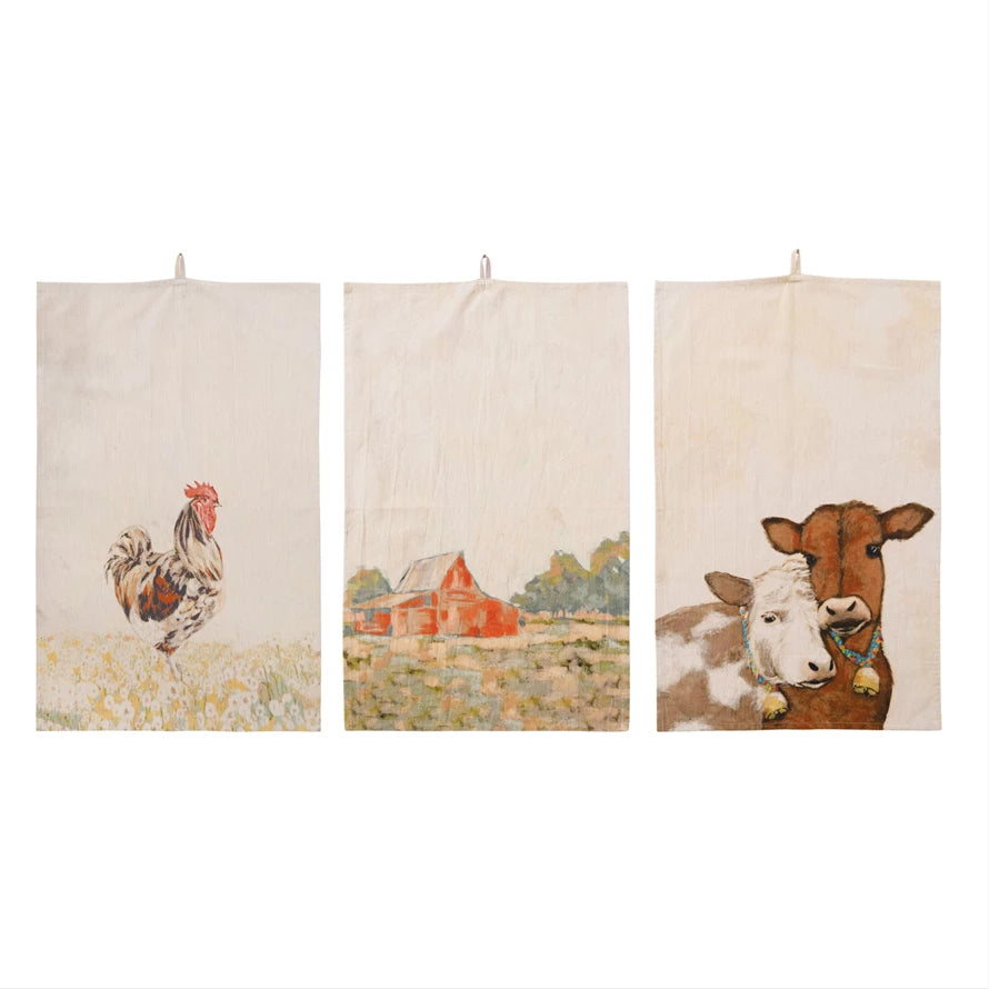 Cotton Chambray Printed Tea Towel with Farm Scene/Animal