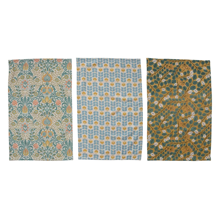 Woven Cotton Printed Tea Towel w/ Botanical Pattern