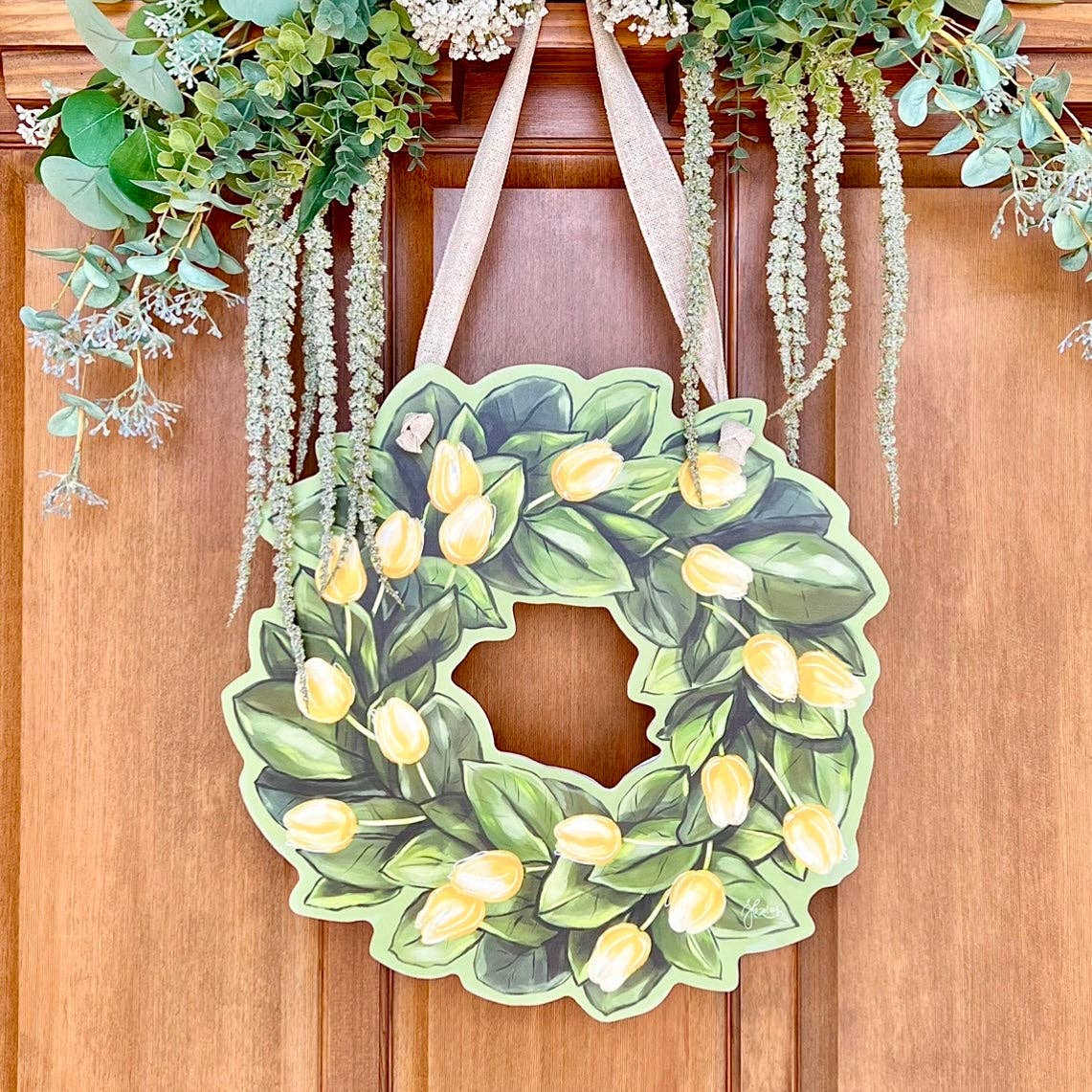 Magnolia and Yellow Tulip Wreath Door Hanger