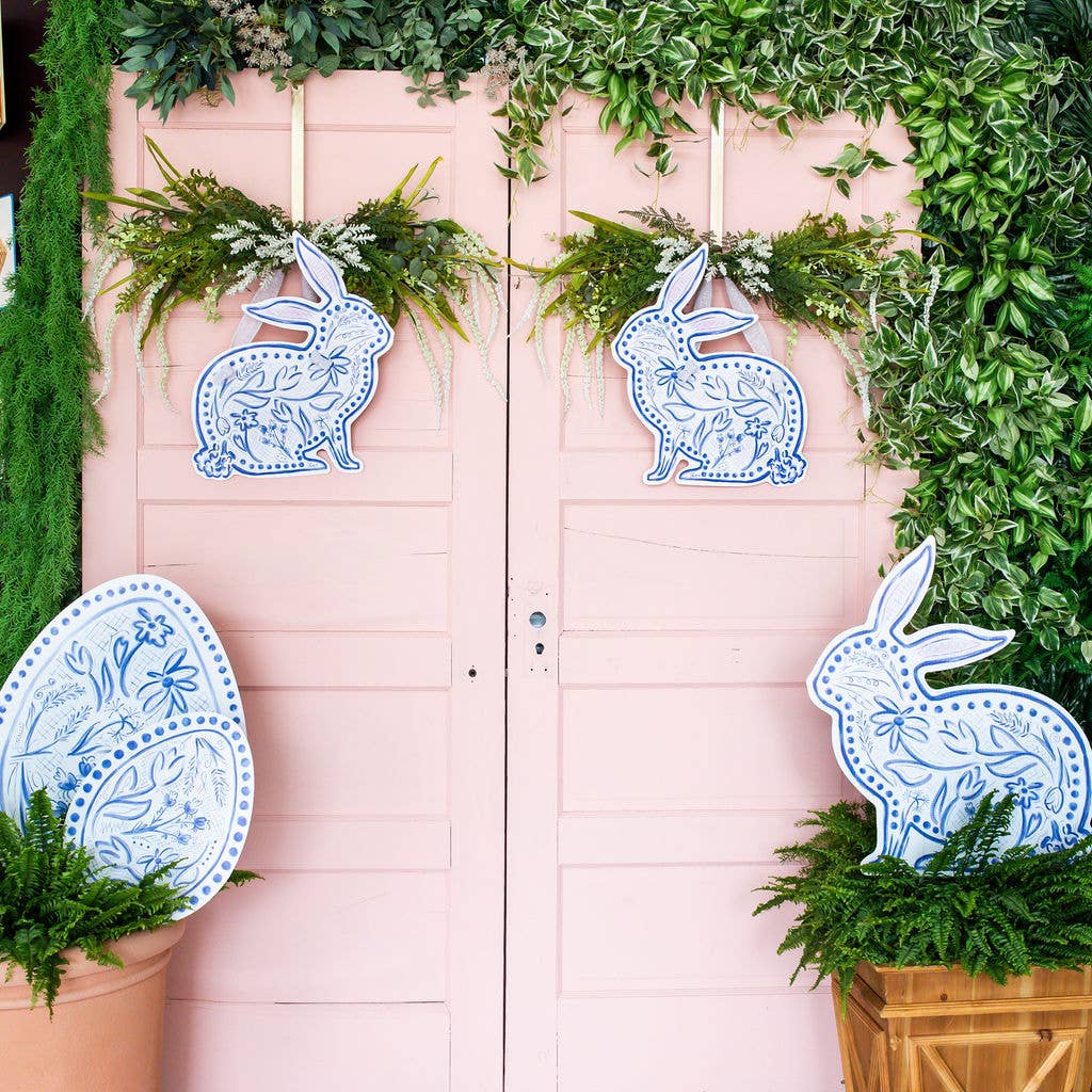 Large Blue Chinoiserie Bunnys Yard Stake