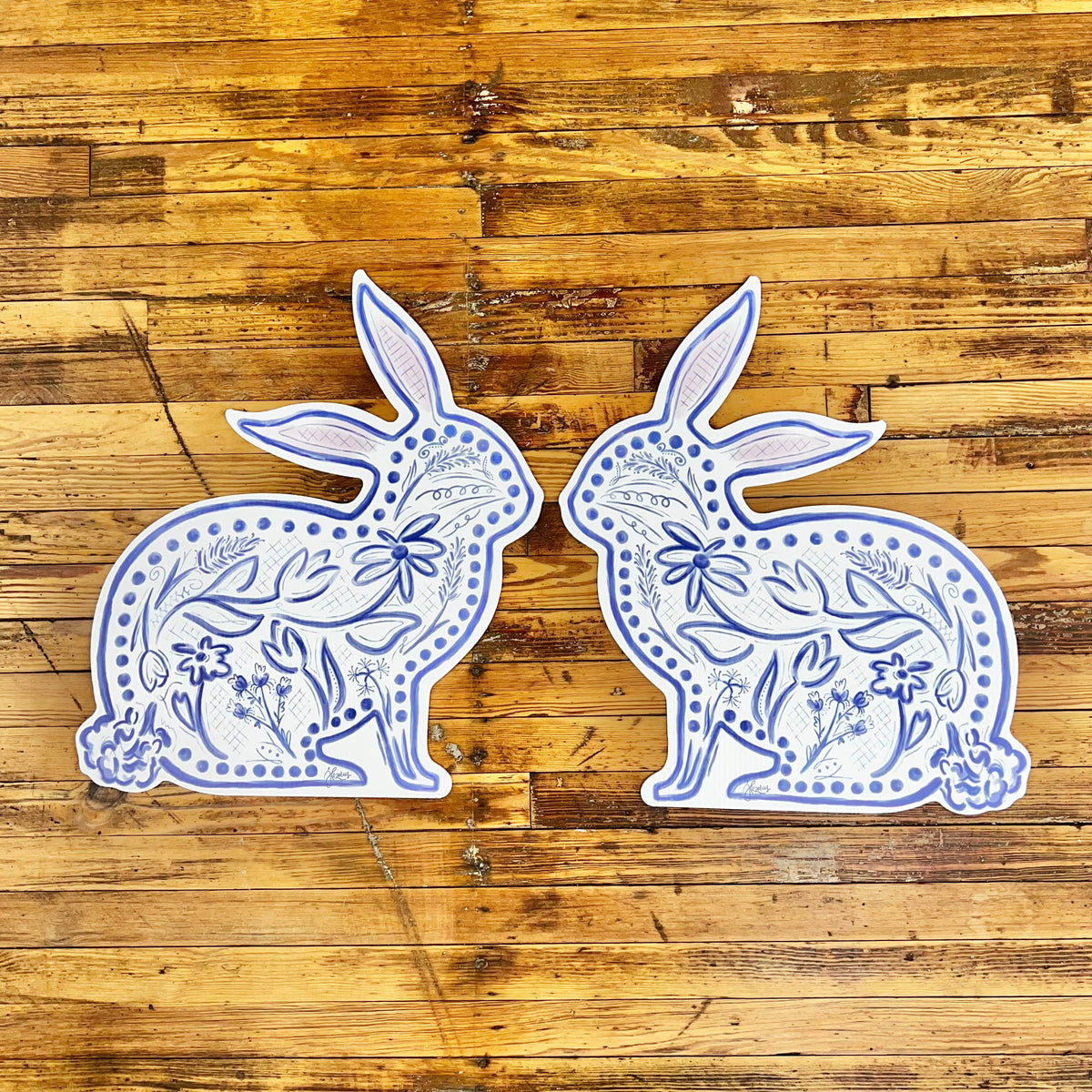 Large Blue Chinoiserie Bunnys Yard Stake