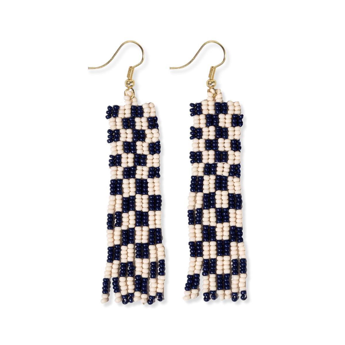 Harriet Woven Top Gingham Beaded Fringe Earrings Navy
