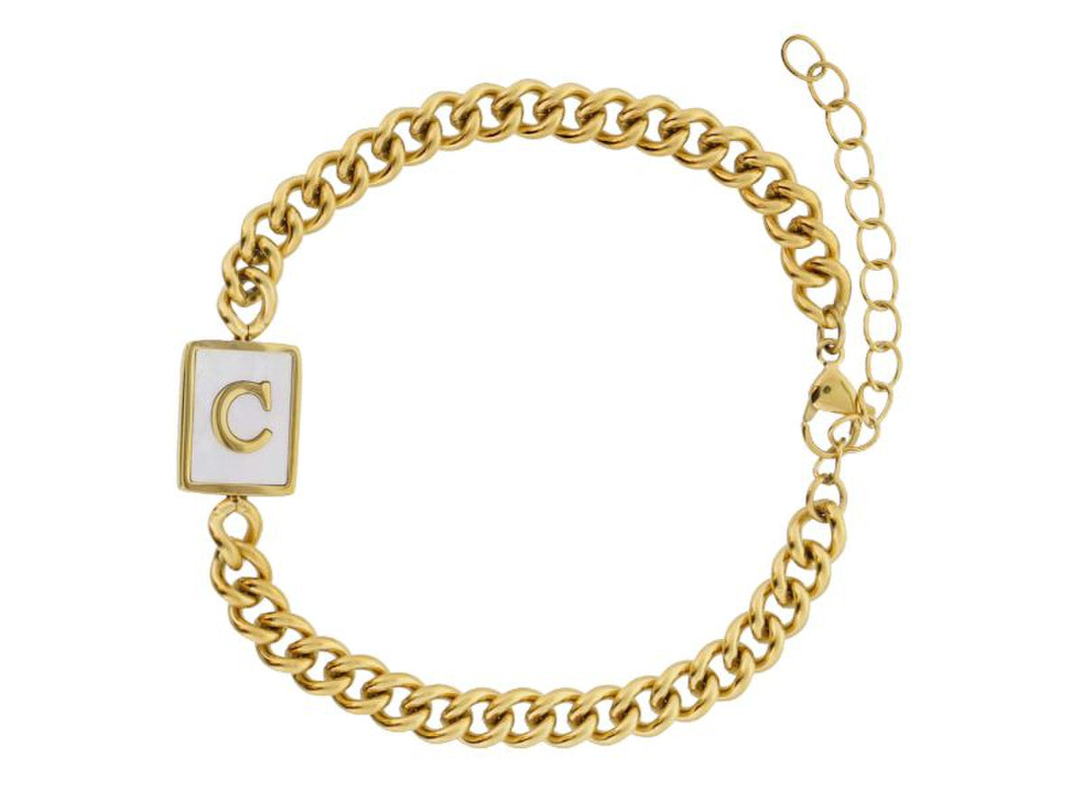 Gold Rectangle with Shell Inlay and Gold Initial Center Bracelet