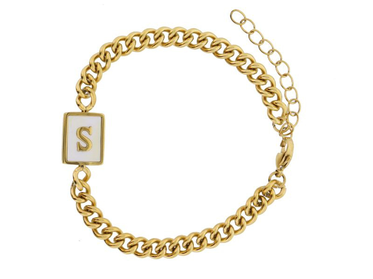 Gold Rectangle with Shell Inlay and Gold Initial Center Bracelet