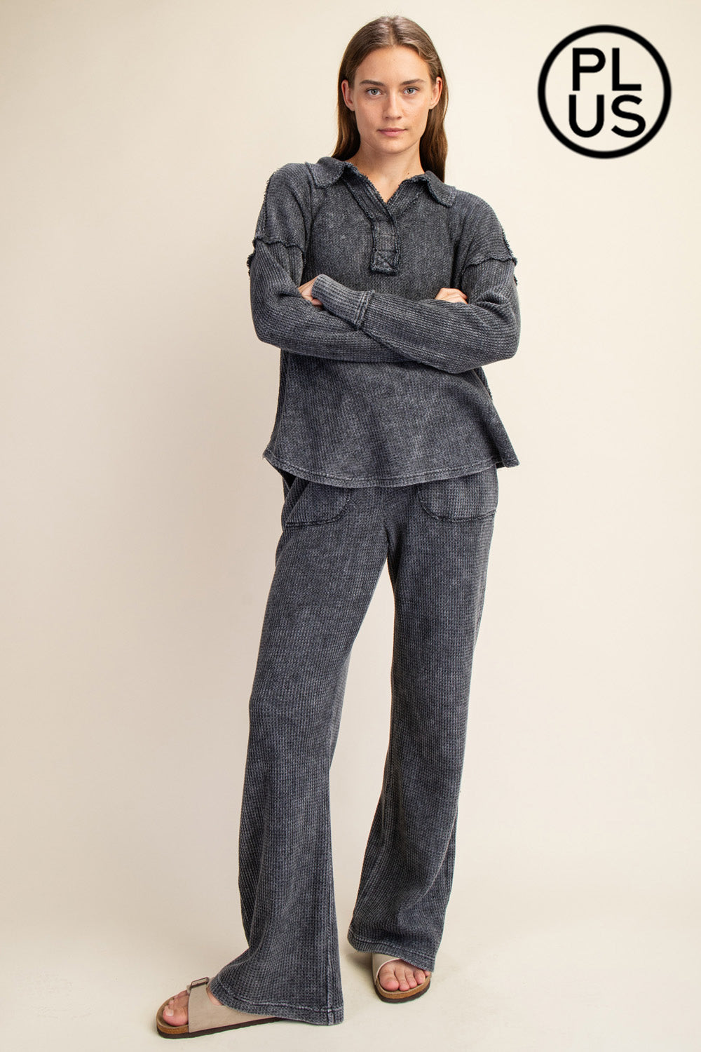 Plus Size Mineral Washed Waffle Polo Sweatshirt