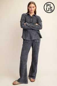 Plus Size Mineral Washed Waffle Polo Sweatshirt