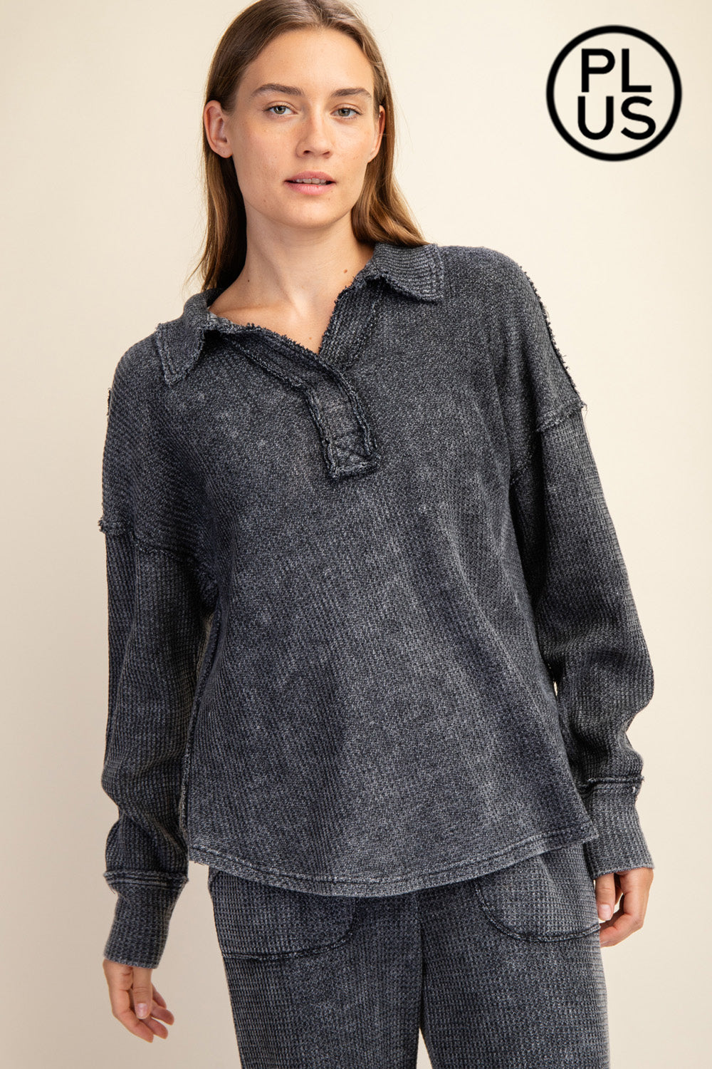 Plus Size Mineral Washed Waffle Polo Sweatshirt