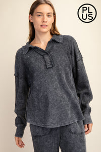 Plus Size Mineral Washed Waffle Polo Sweatshirt