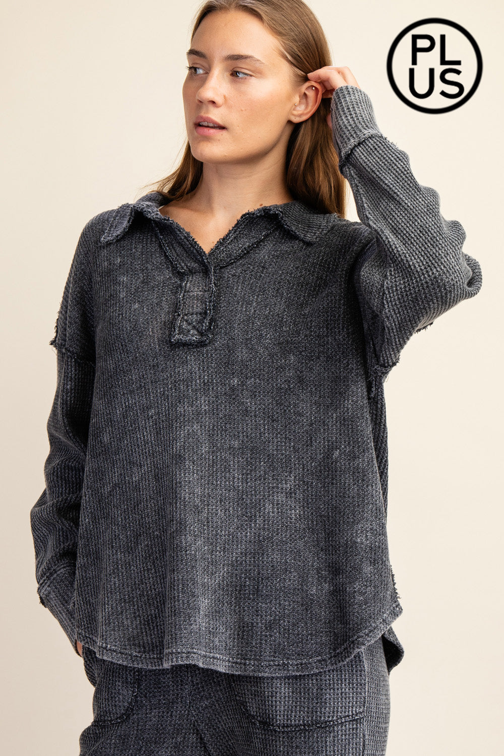 Plus Size Mineral Washed Waffle Polo Sweatshirt