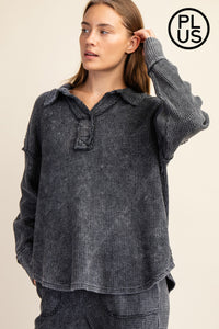 Plus Size Mineral Washed Waffle Polo Sweatshirt