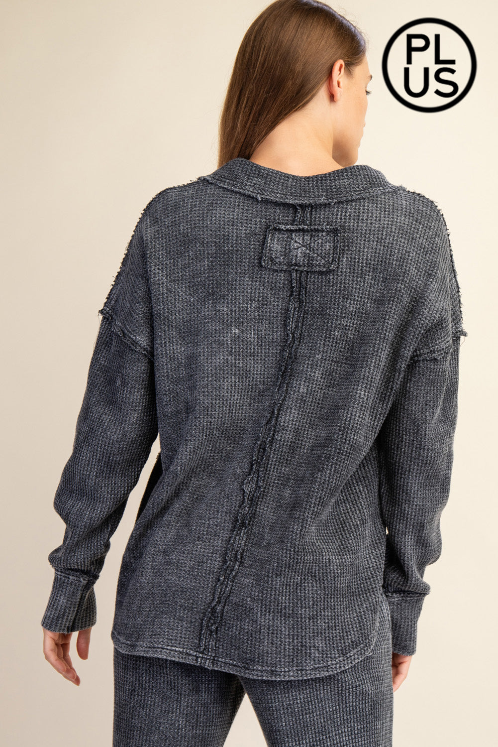 Plus Size Mineral Washed Waffle Polo Sweatshirt