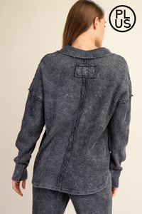 Plus Size Mineral Washed Waffle Polo Sweatshirt