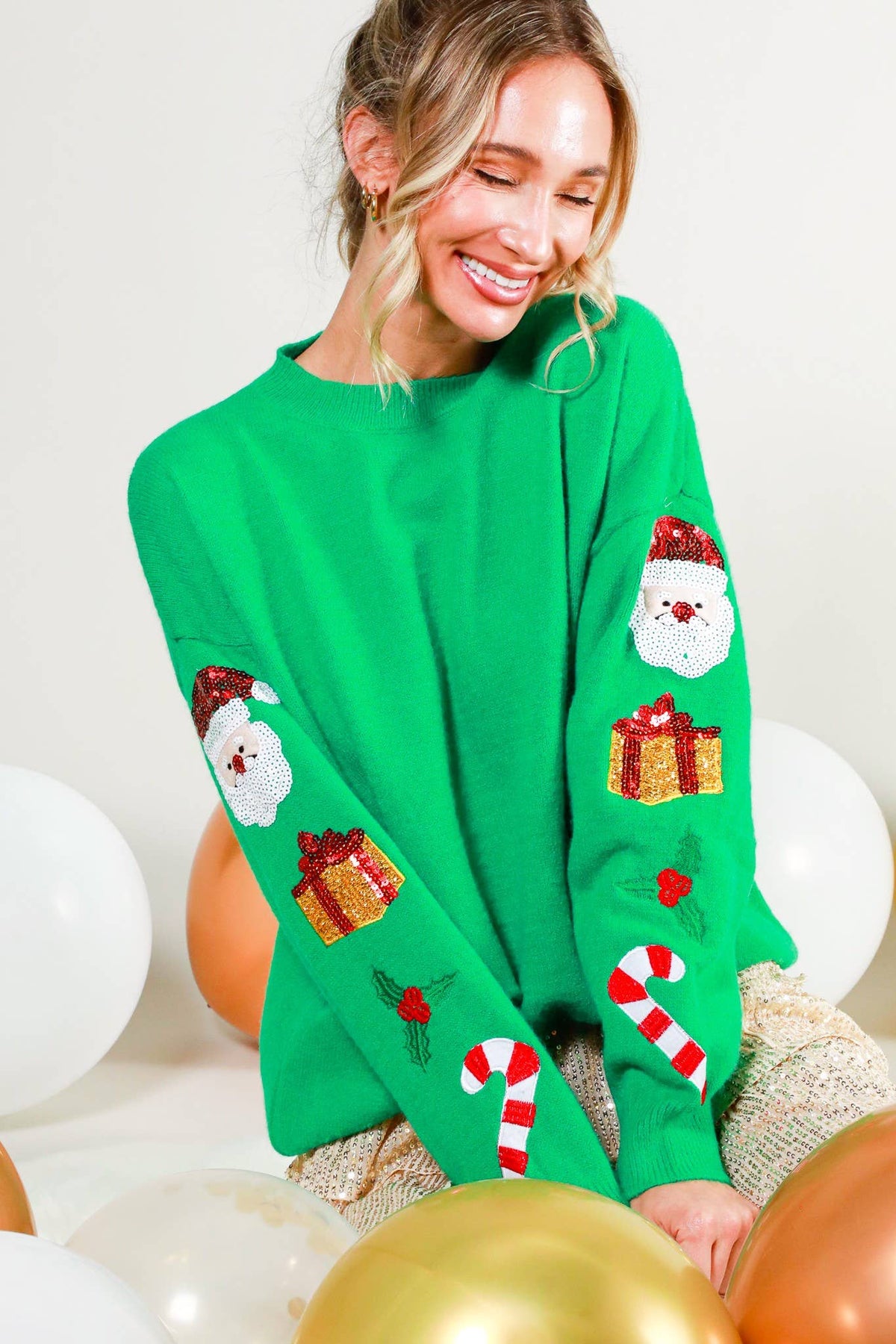 Vine & Love - Crew Neck Christmas Sequin Detail Knitted Sweater VT81743D