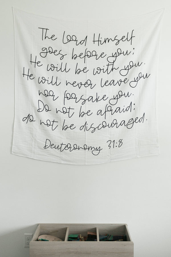 Modern Burlap - Organic Swaddle Blanket- Deuteronomy 31:8