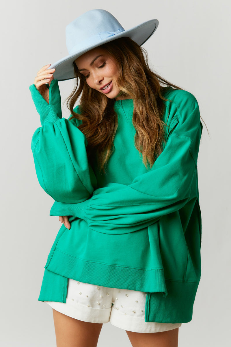 Oversize Pull Over Sweatshirt with Raw Edge Detail - Kelly Green