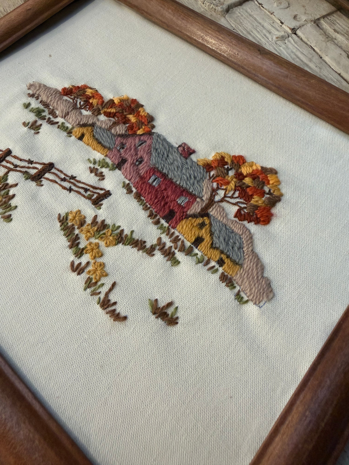 Vintage Framed Crewel - Framehouse Scene