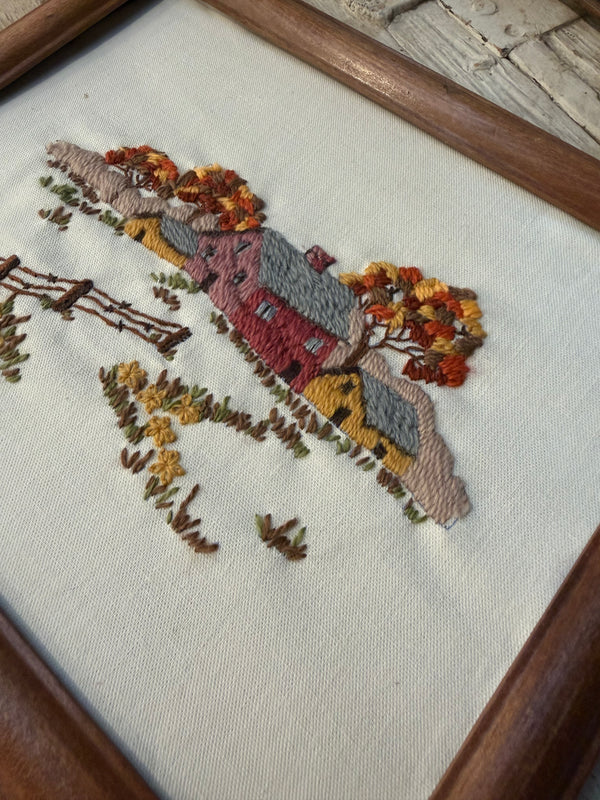 Vintage Framed Crewel - Framehouse Scene