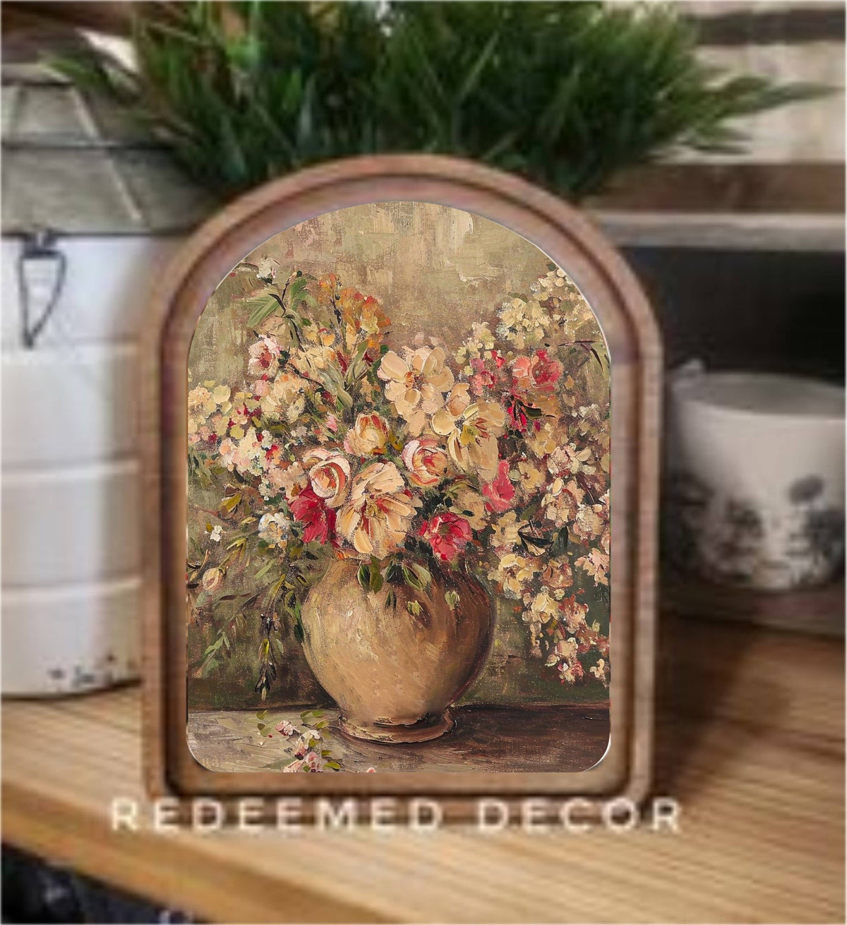 Redeemed Decor - Arch Top Rustic Floral Vase Framed Art