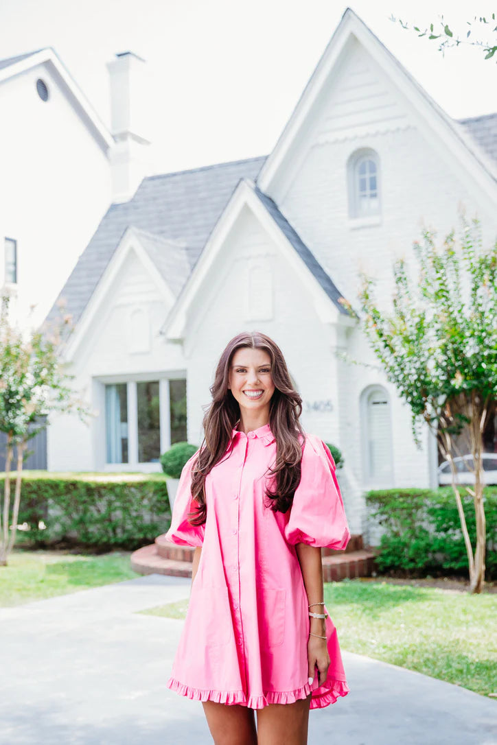 Solid Puff Sleeve Ruffle Pocket Dress