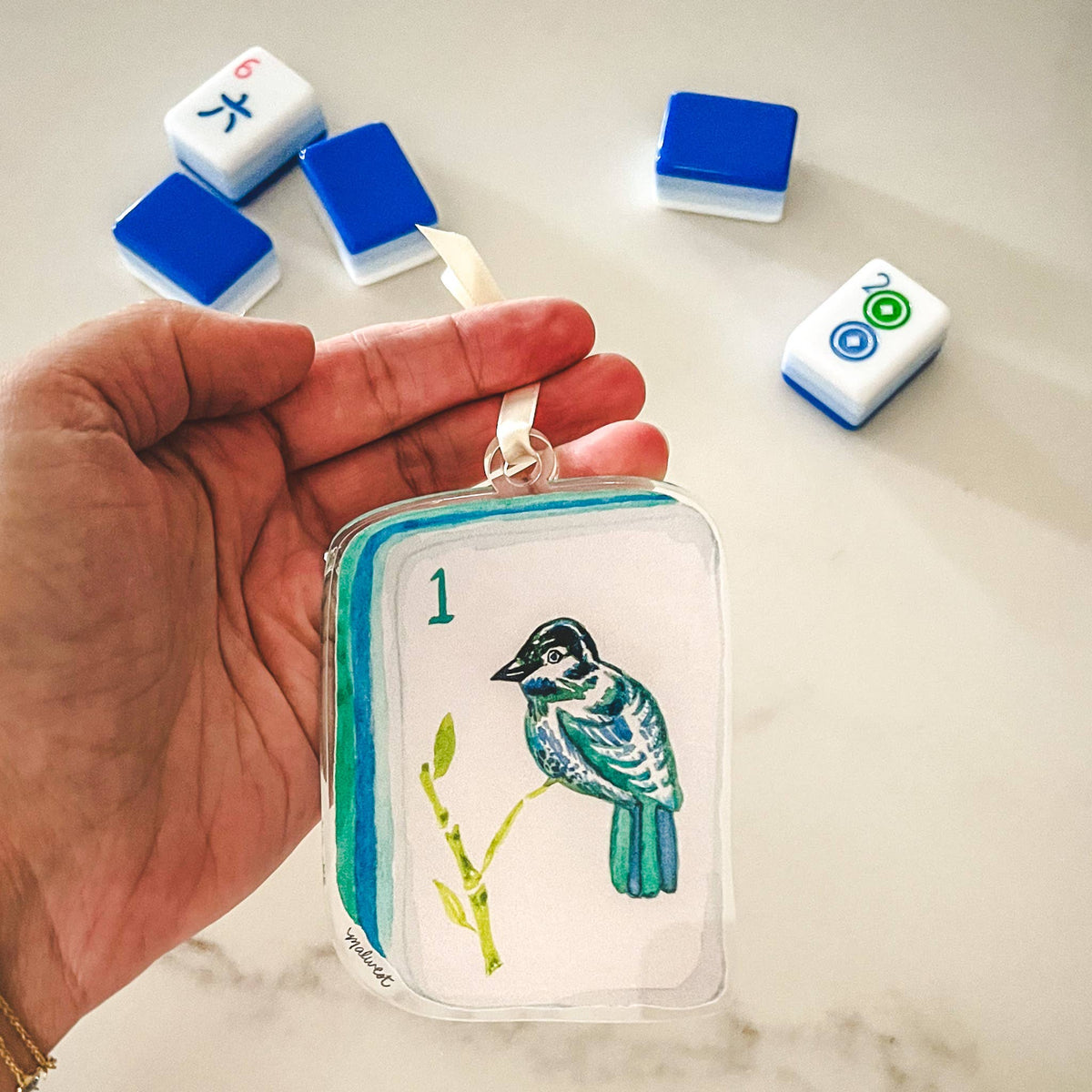 Bird Bam Mahjong Tile Watercolor Acrylic Ornament