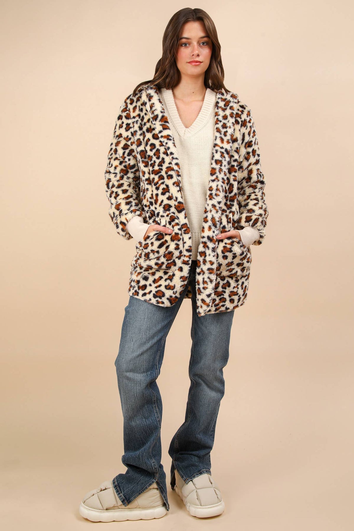 Oversized Faux Fur Tunic Hooded Printed Jacket