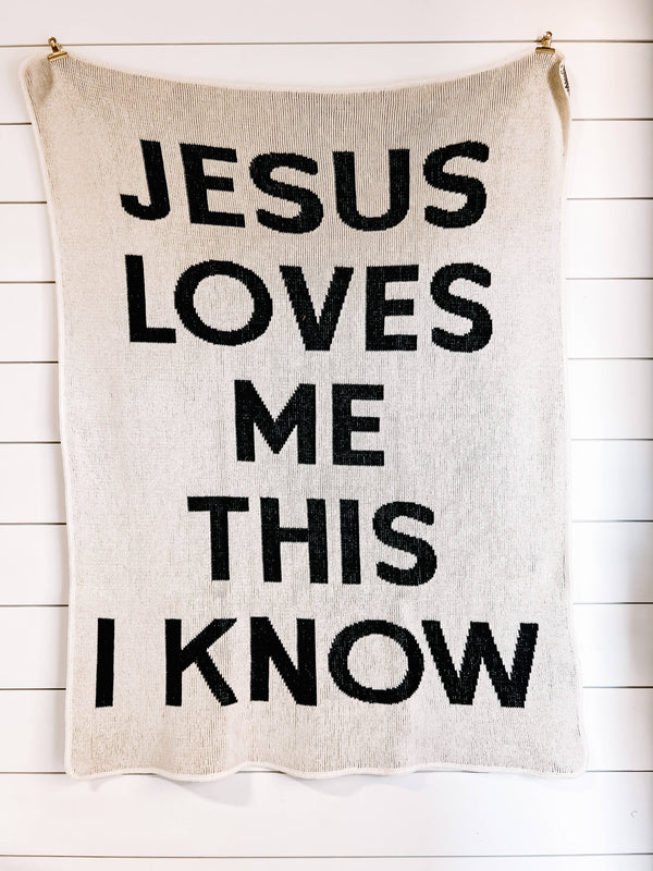 Jesus loves me Block Knit Throw | Natural