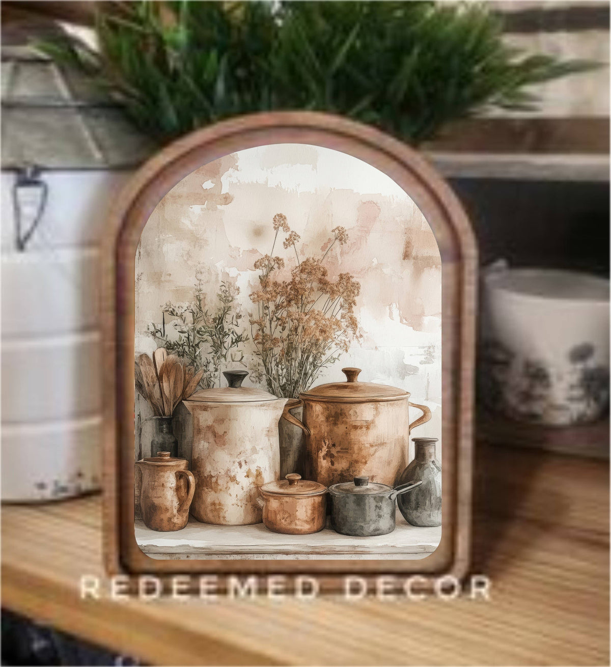 Arch Top Framed Art - Copper Pots