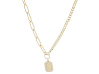 Shiny Gold Half Paperclip, Half Curb Chain with Crystal Edged Initial Emerald Plate Necklace