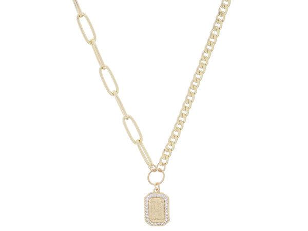 Shiny Gold Half Paperclip, Half Curb Chain with Crystal Edged Initial Emerald Plate Necklace