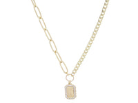 Shiny Gold Half Paperclip, Half Curb Chain with Crystal Edged Initial Emerald Plate Necklace