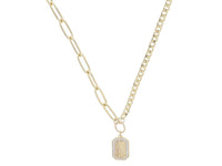 Shiny Gold Half Paperclip, Half Curb Chain with Crystal Edged Initial Emerald Plate Necklace