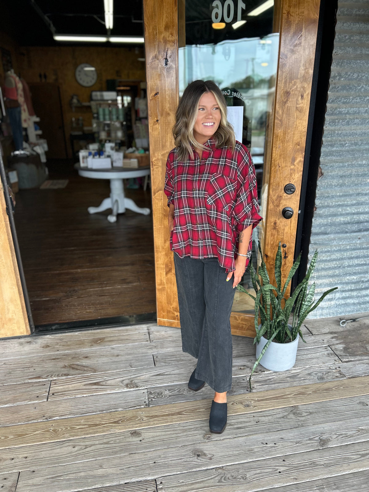 Kelsie Burgundy Plaid Hi-Lo Top