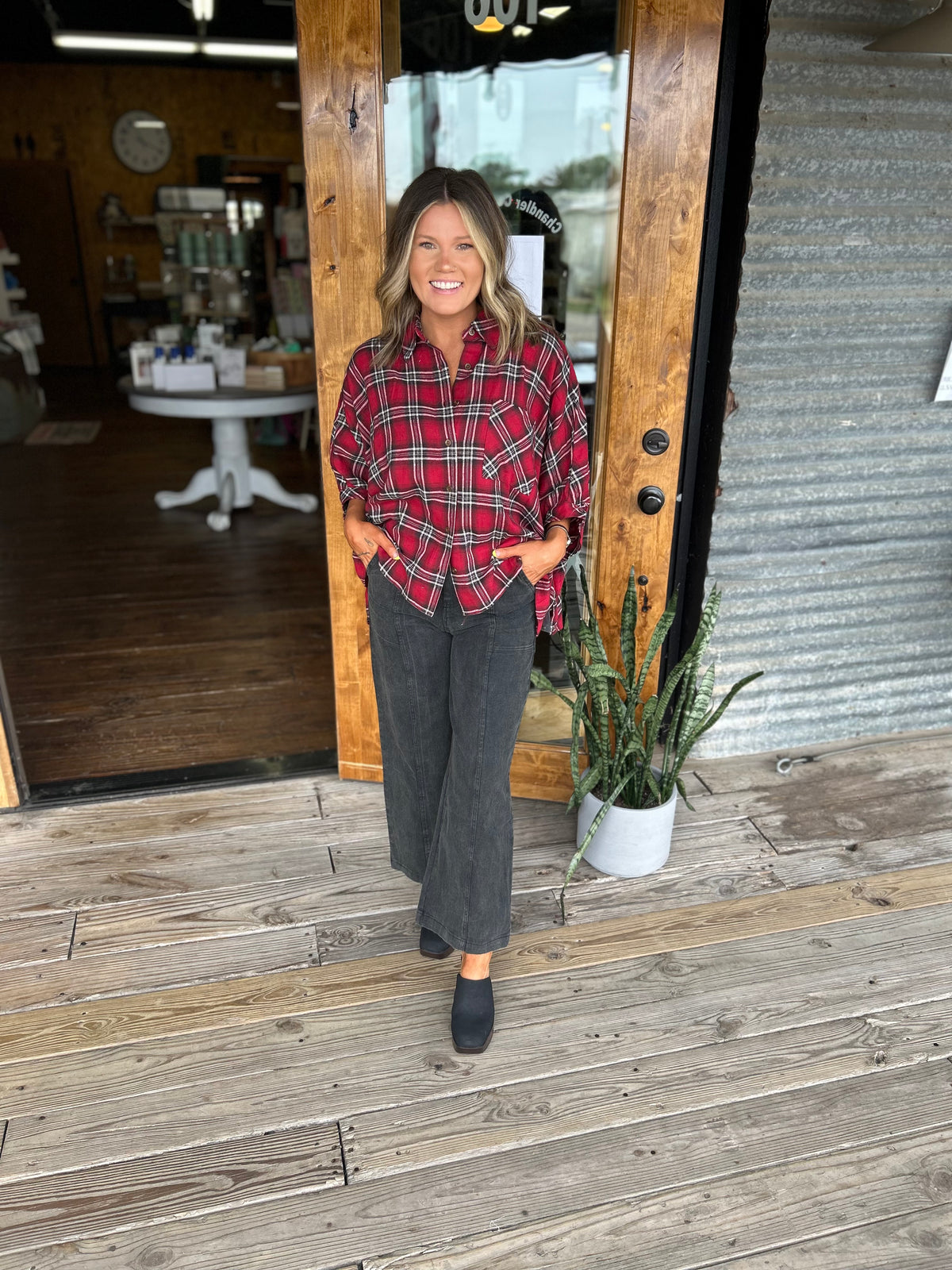 Kelsie Burgundy Plaid Hi-Lo Top