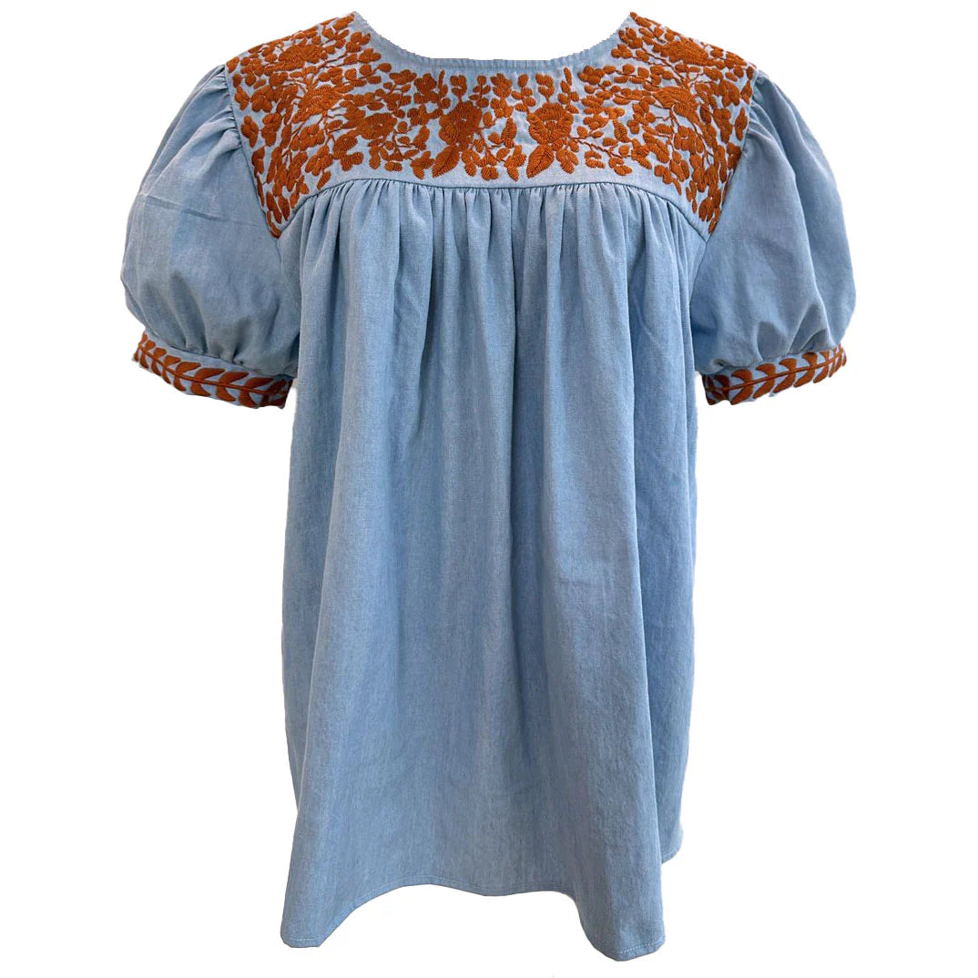 Faded Denim + Burnt Orange Halftime Blouse