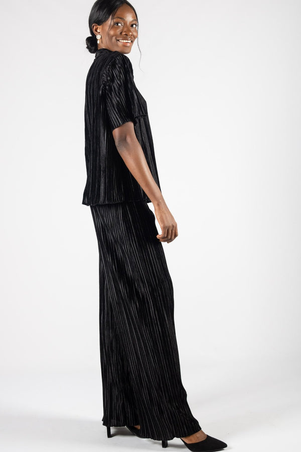 Pleated Wide Leg Velvet Pant