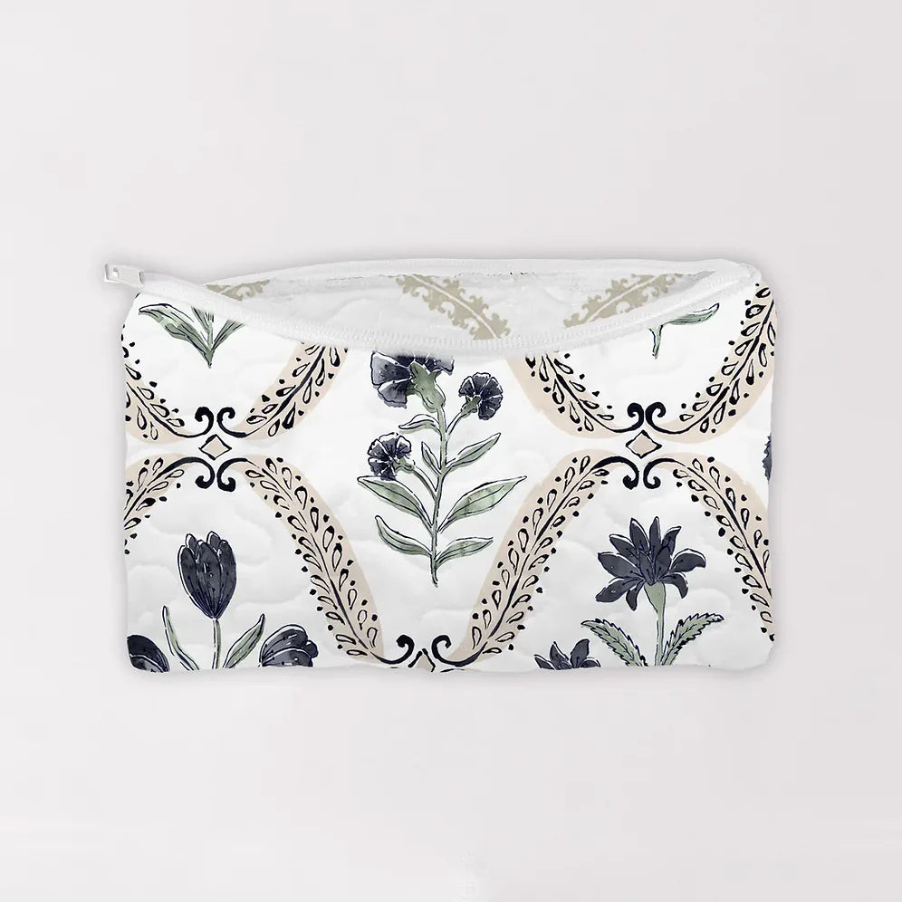 Charlotte in White/Navy Quilted Makeup Bag