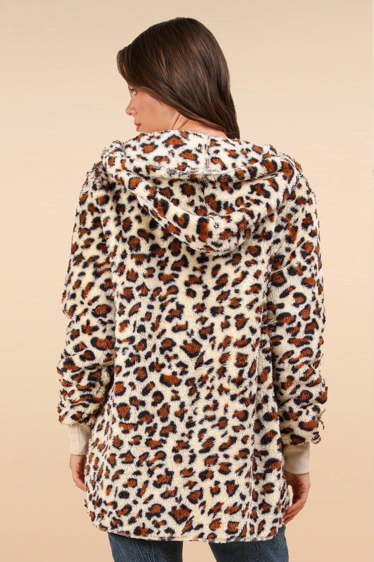 Oversized Faux Fur Tunic Hooded Printed Jacket