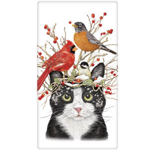 Winter Cat And Birds Bagged Towel