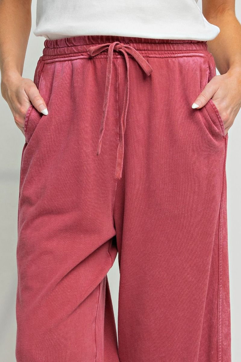 So Comfy Mineral Washed Terry Knit Pants - Wine