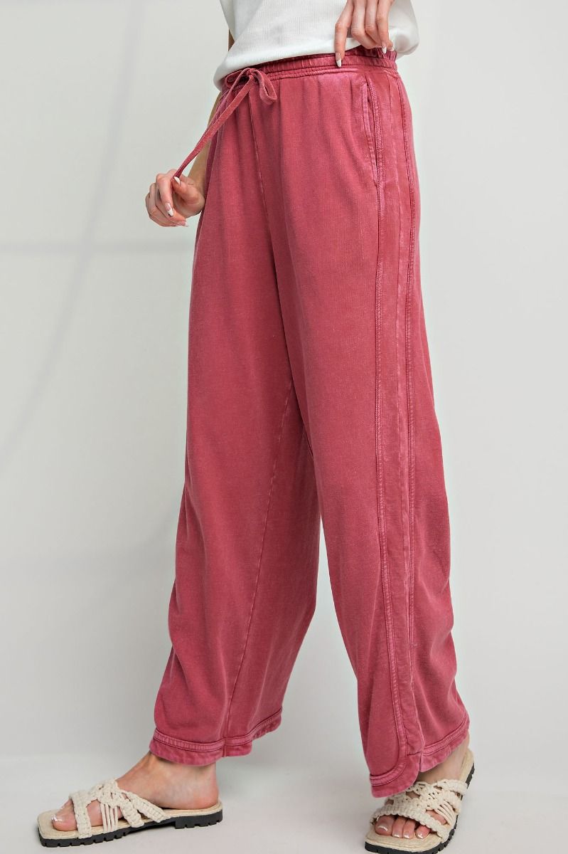 So Comfy Mineral Washed Terry Knit Pants - Wine