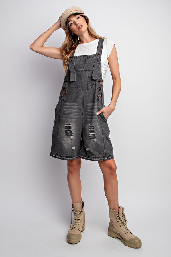 Washed Denim Short Overall Romper