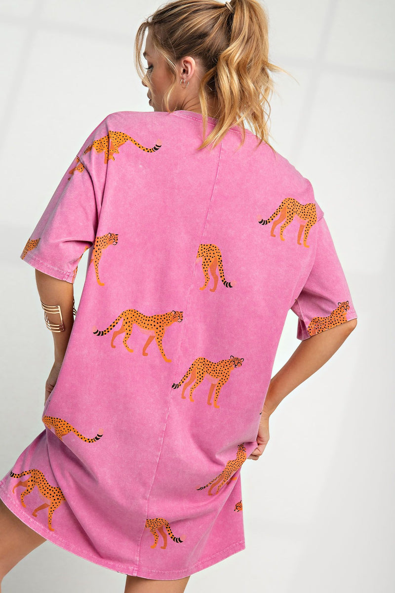 Mineral Washed Cheetah Print T-Shirt Dress - Magenta